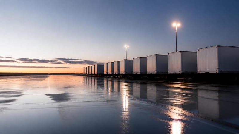 A logistics yard at dawn, trailers in a row and wet tarmac reflecting the light