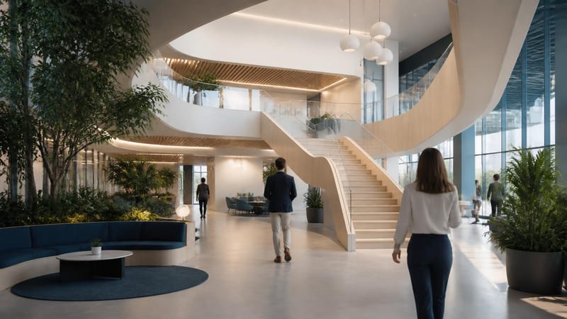A contemporary headquarters interior with a sculptural architectural focal point