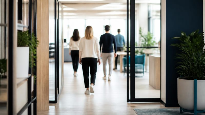 A workplace corridor opening into a bright shared studio