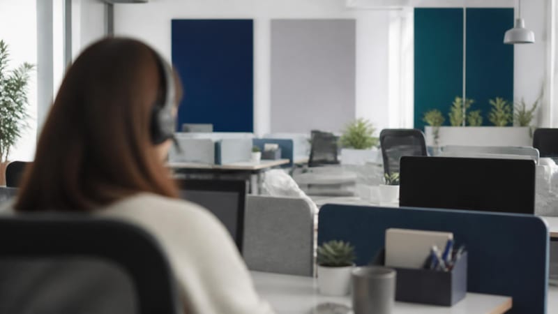 A bright open office with acoustic panels and shared desks