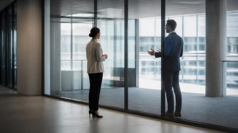 Two people either side of a tall glass wall, one gesturing toward the other
